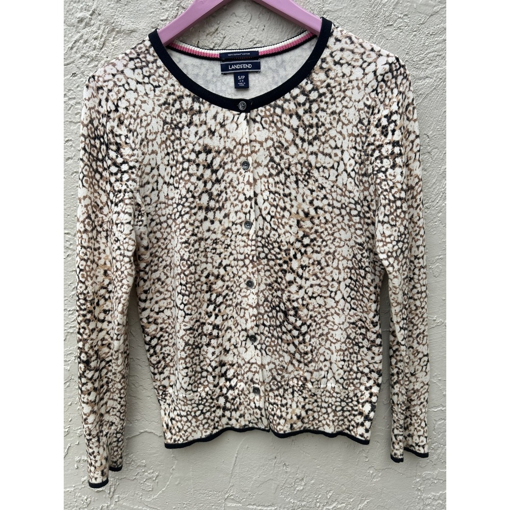 Lands End Womens Leopard Supima Cotton Cardigan Sweater Small 6-8 Tan Black